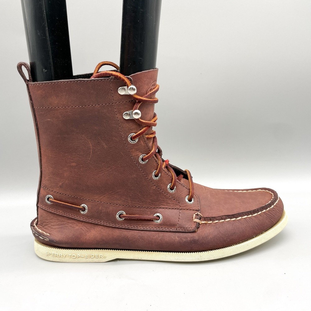Sperry Mens 10.5M Topsider 7 Eye Leather Boat Boots Brown Preppy Coastal Moc Toe